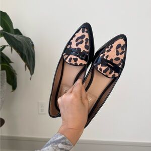 Kelly & Katie Black and Tan Animal Print Patent Leather Loafers
